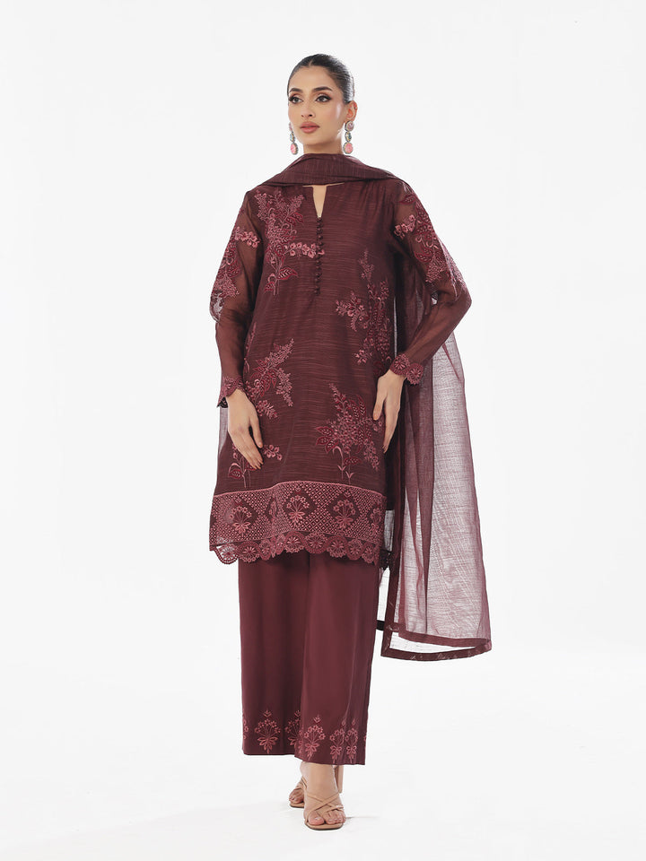 Oaks - Embroidered Pret Suit Net Slub Polly Plum  - 3 Piece