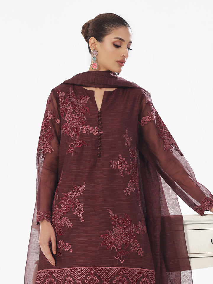 Oaks - Embroidered Pret Suit Net Slub Polly Plum  - 3 Piece