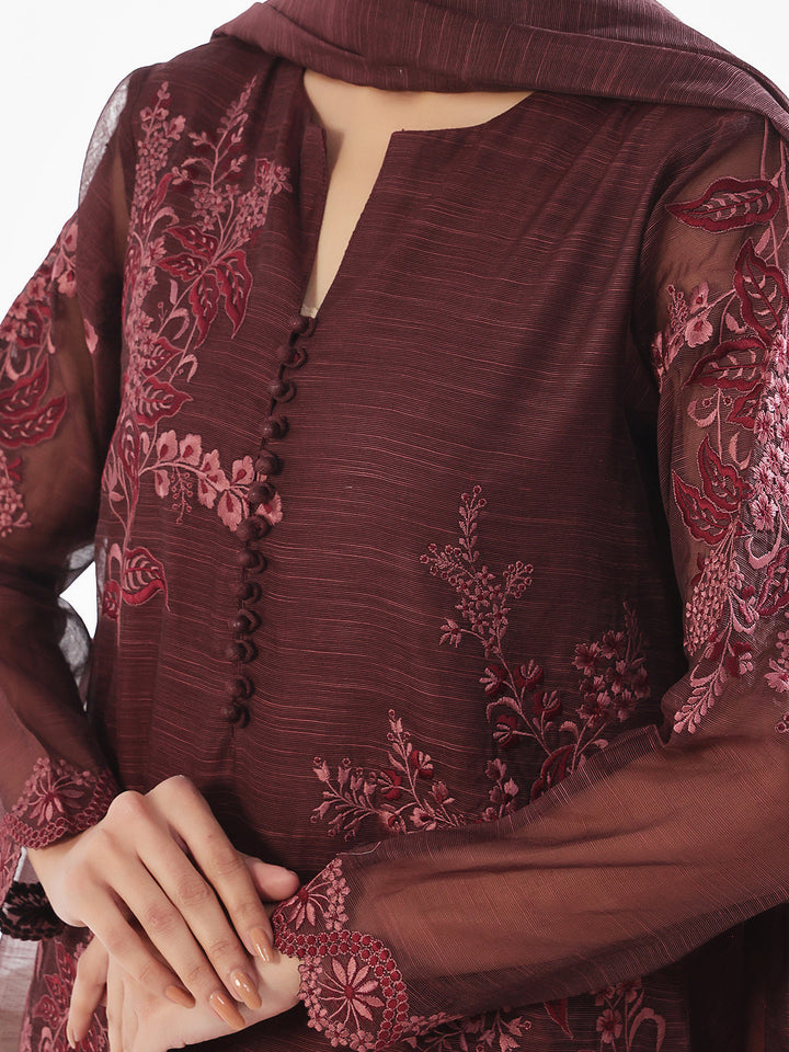 Oaks - Embroidered Pret Suit Net Slub Polly Plum  - 3 Piece
