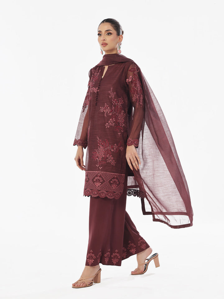 Oaks - Embroidered Pret Suit Net Slub Polly Plum  - 3 Piece