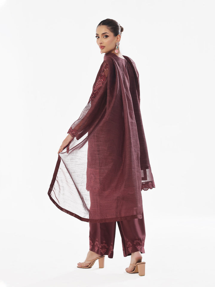 Oaks - Embroidered Pret Suit Net Slub Polly Plum  - 3 Piece