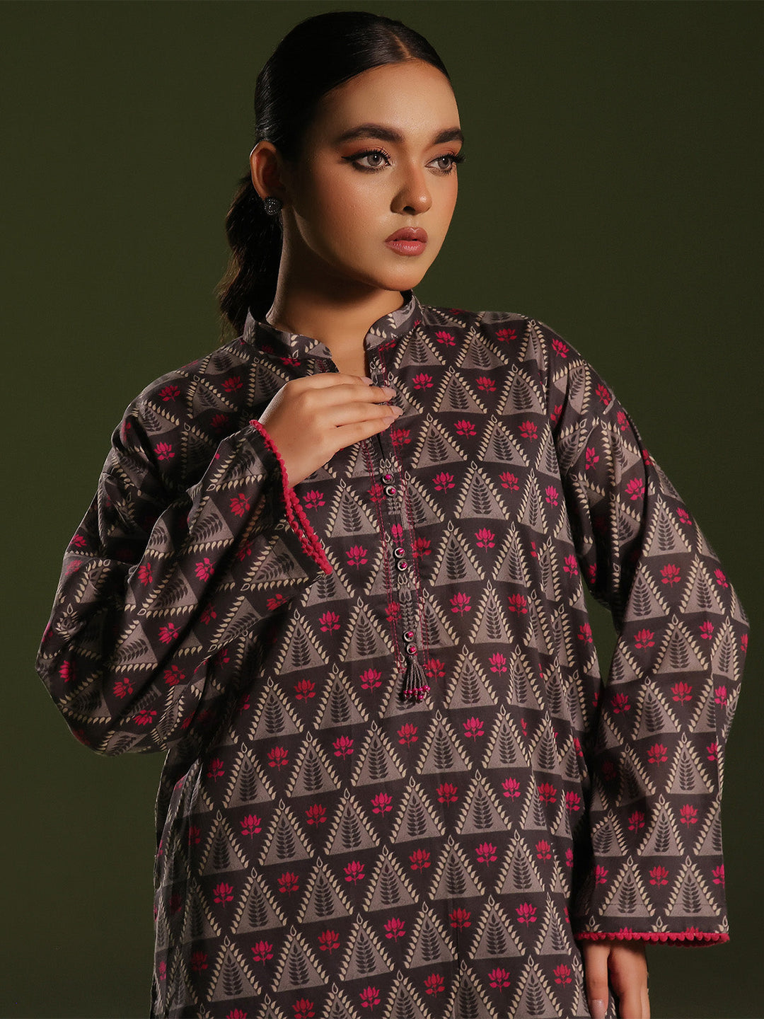 Oaks - Printed Unstitched Cambric Black  - 2 Piece