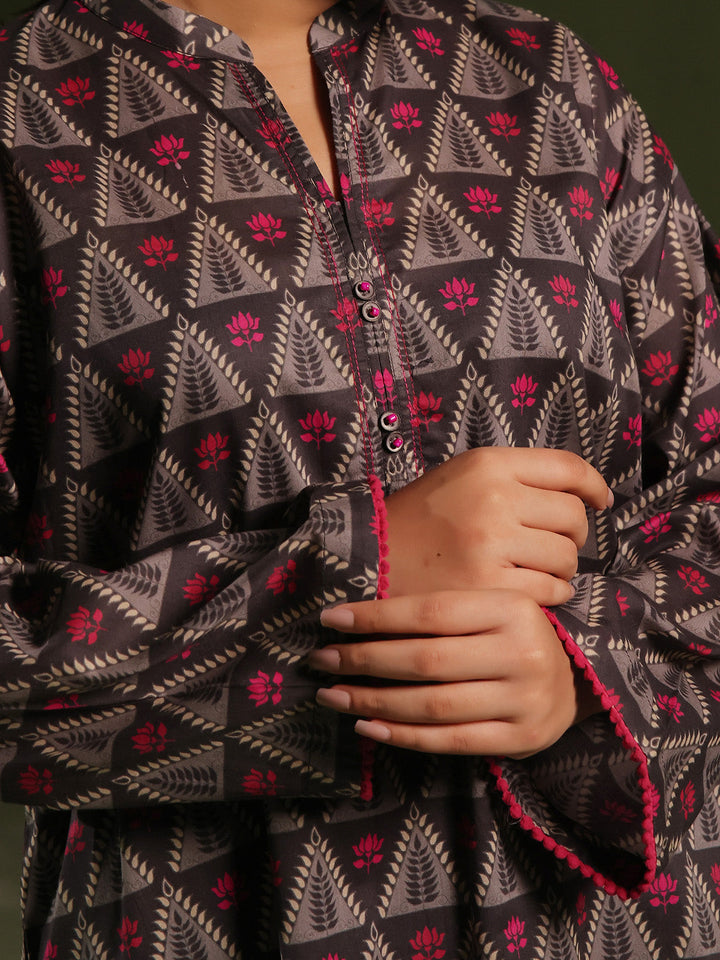 Oaks - Printed Unstitched Cambric Black  - 2 Piece