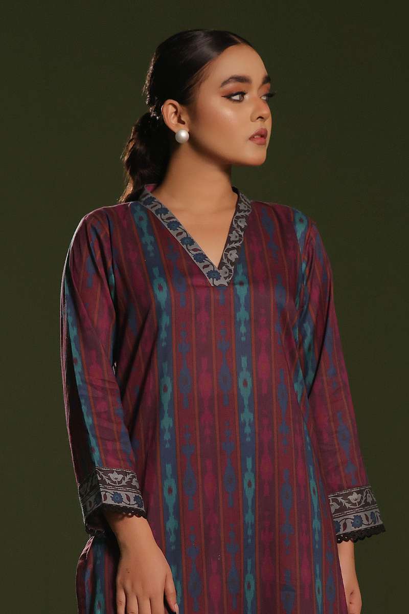 Oaks - Printed Pret Shirt Trouser Cambric Maroon  - 2 Piece