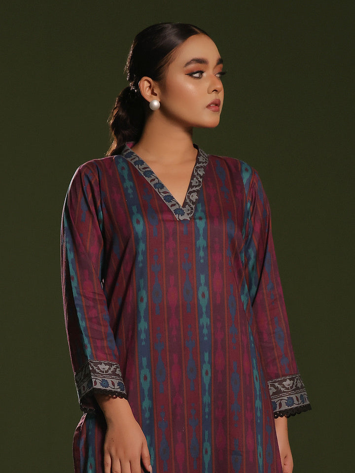 Oaks - Printed Pret Shirt Trouser Cambric Maroon  - 2 Piece