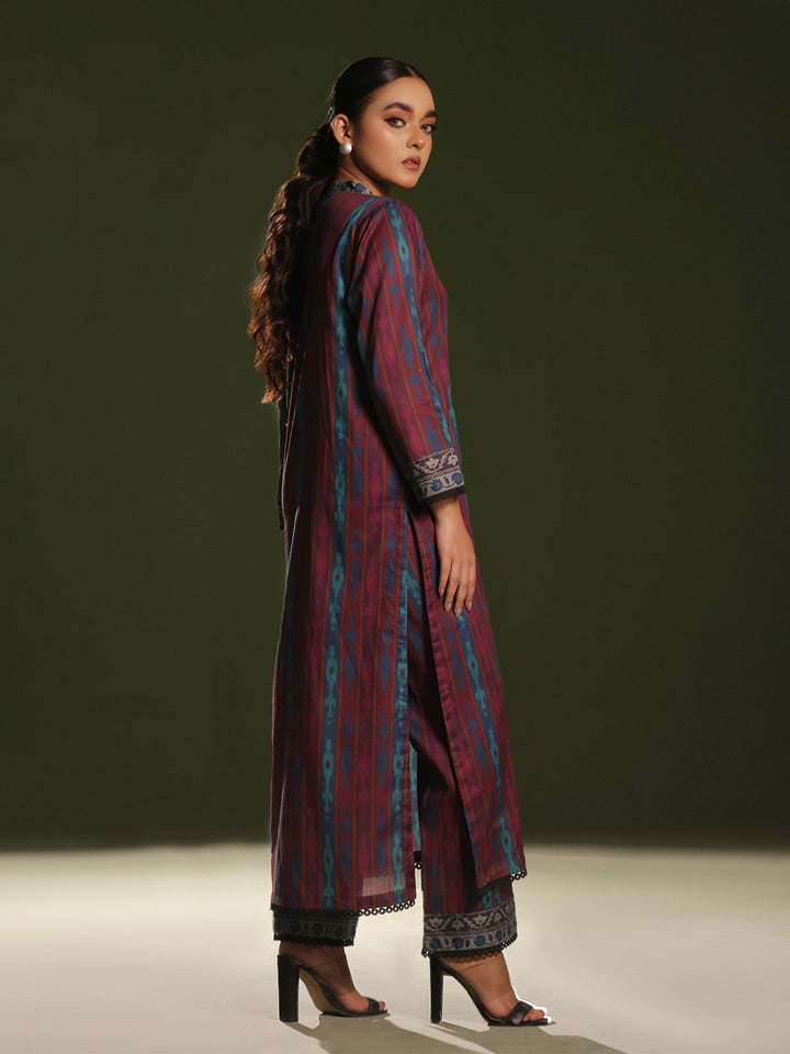 Oaks - Printed Pret Shirt Trouser Cambric Maroon  - 2 Piece