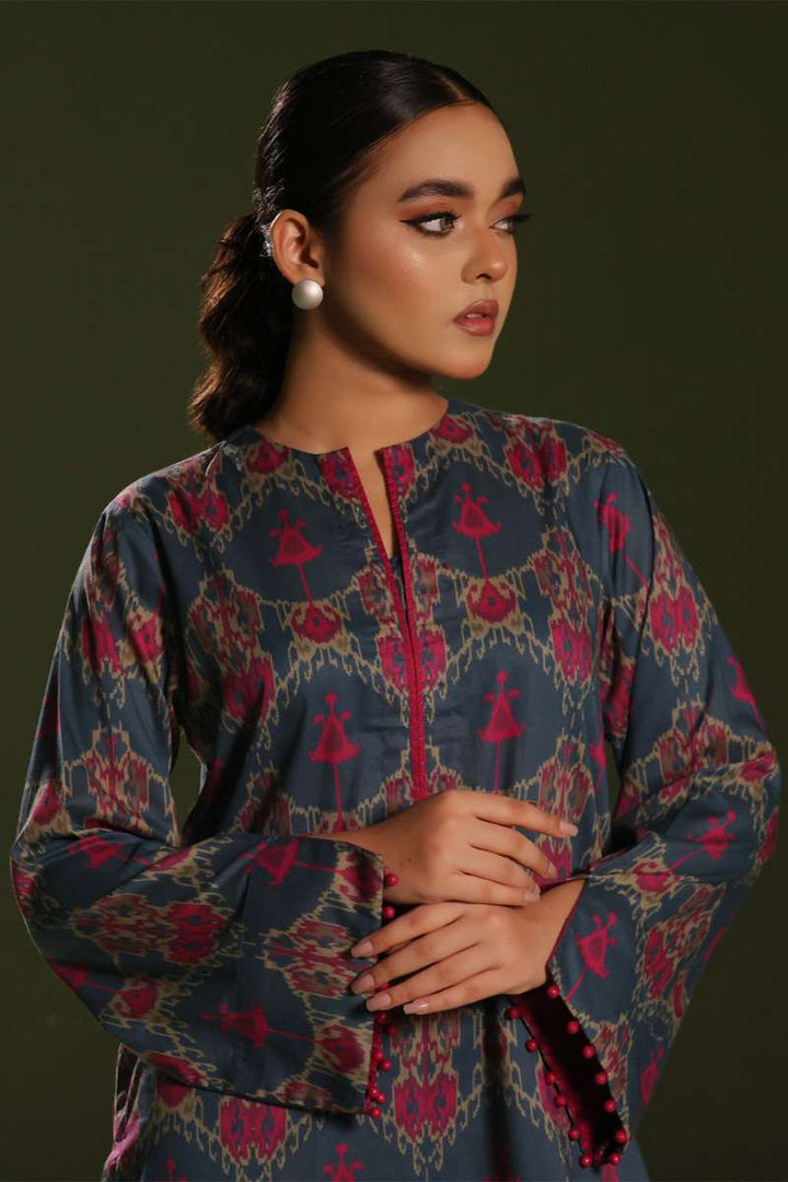 Oaks - Printed Pret Shirt Trouser Cambric Blue/Pink  - 2 Piece