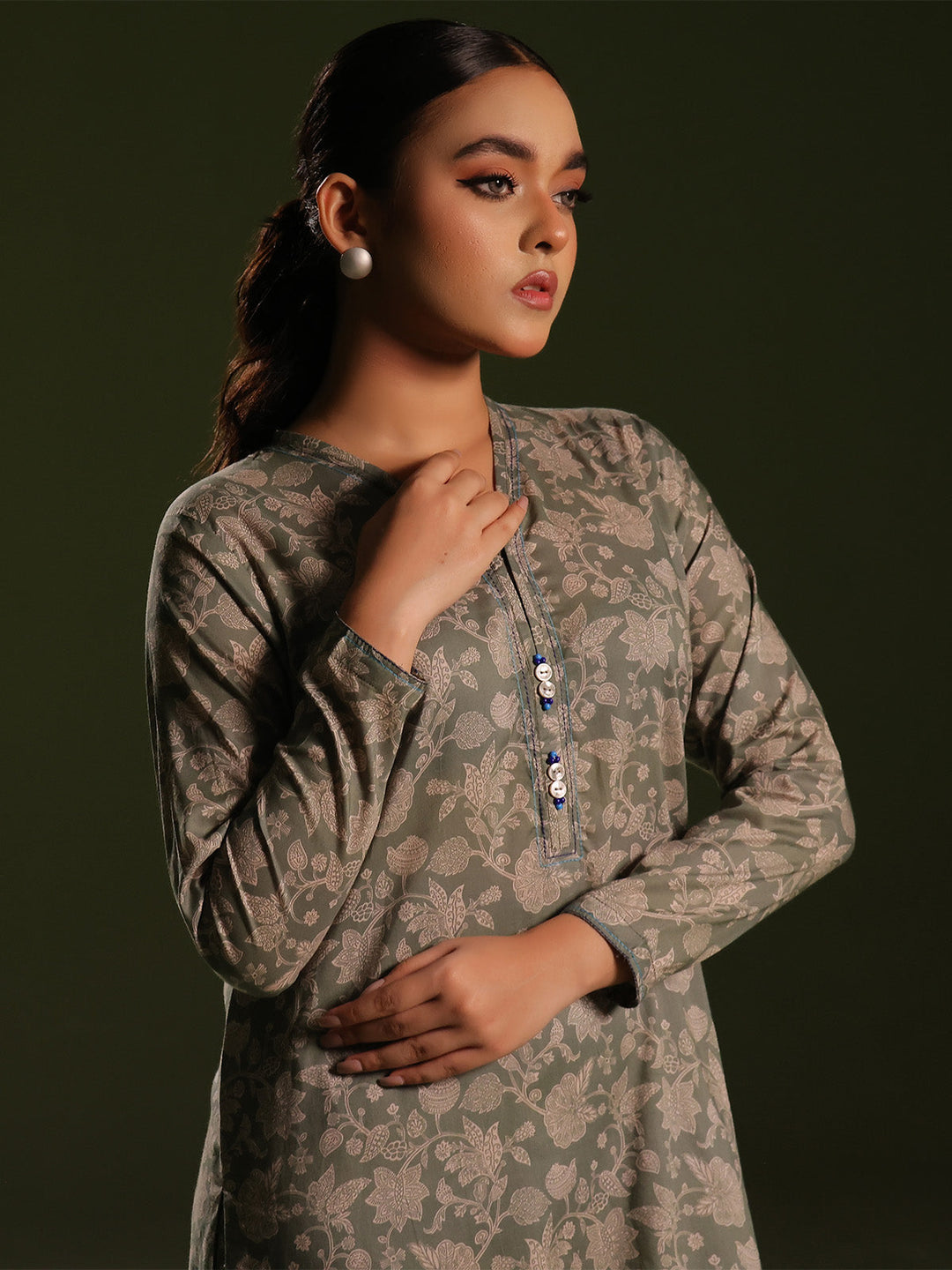 Oaks - Printed Unstitched Cambric Green  - 2 Piece