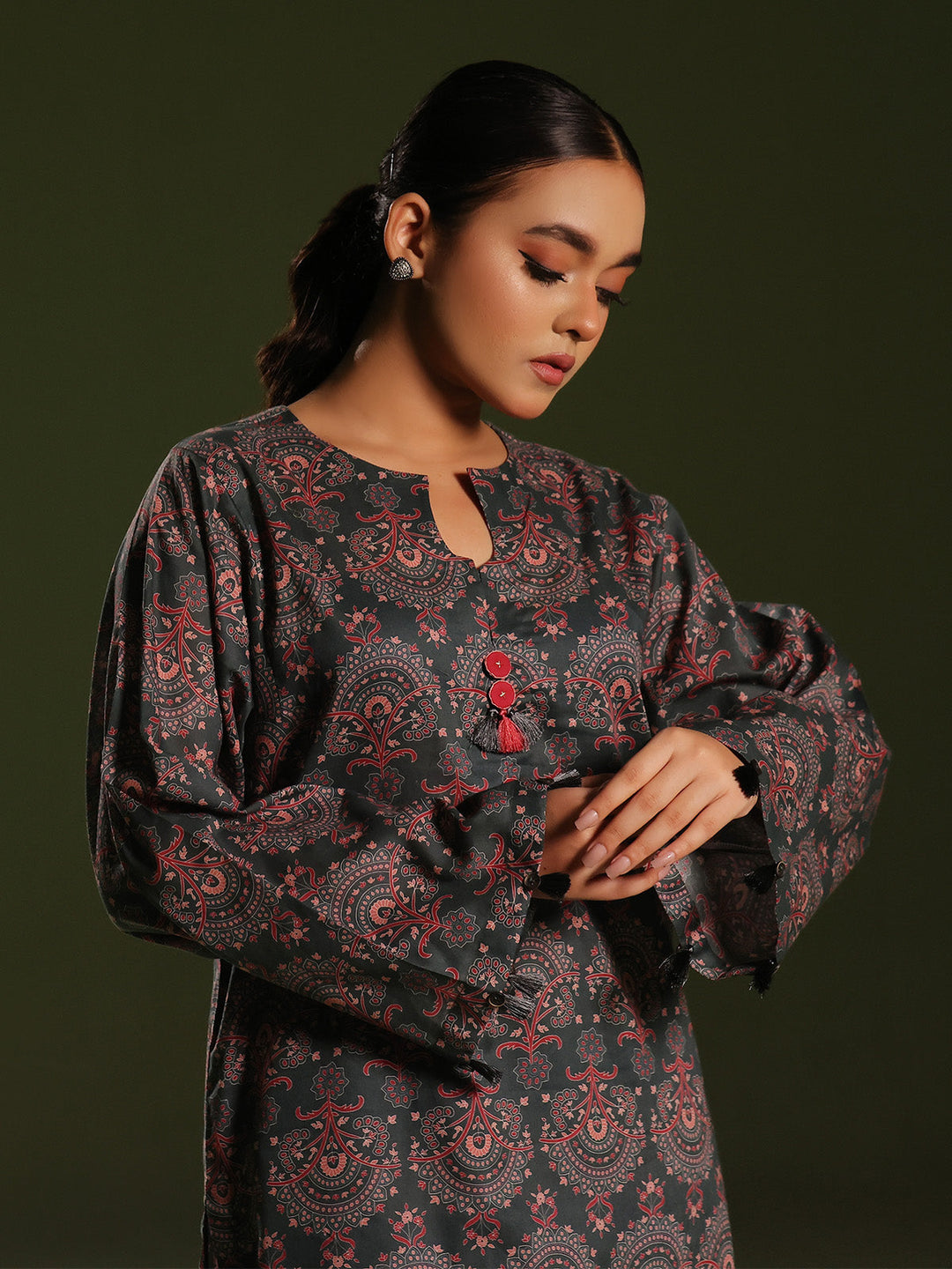 Oaks - Printed Unstitched Cambric Green  - 2 Piece