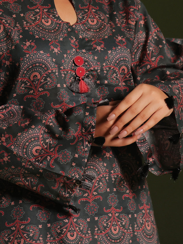 Oaks - Printed Unstitched Cambric Green  - 2 Piece