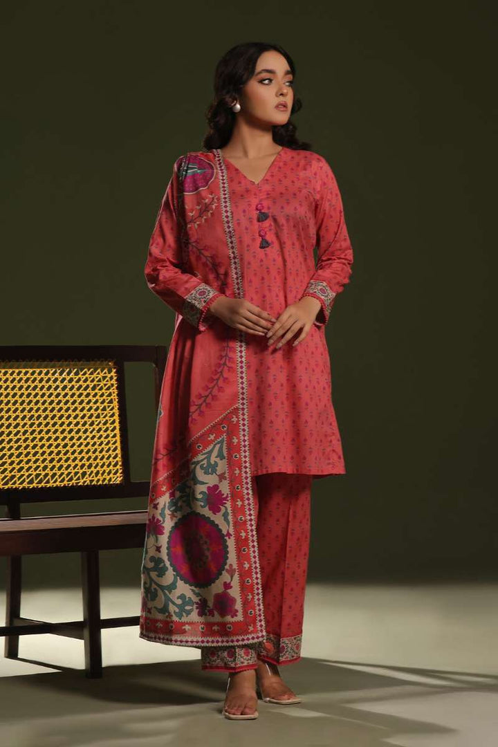 Oaks - Printed Unstitched Cambric Peach  - 3 Piece