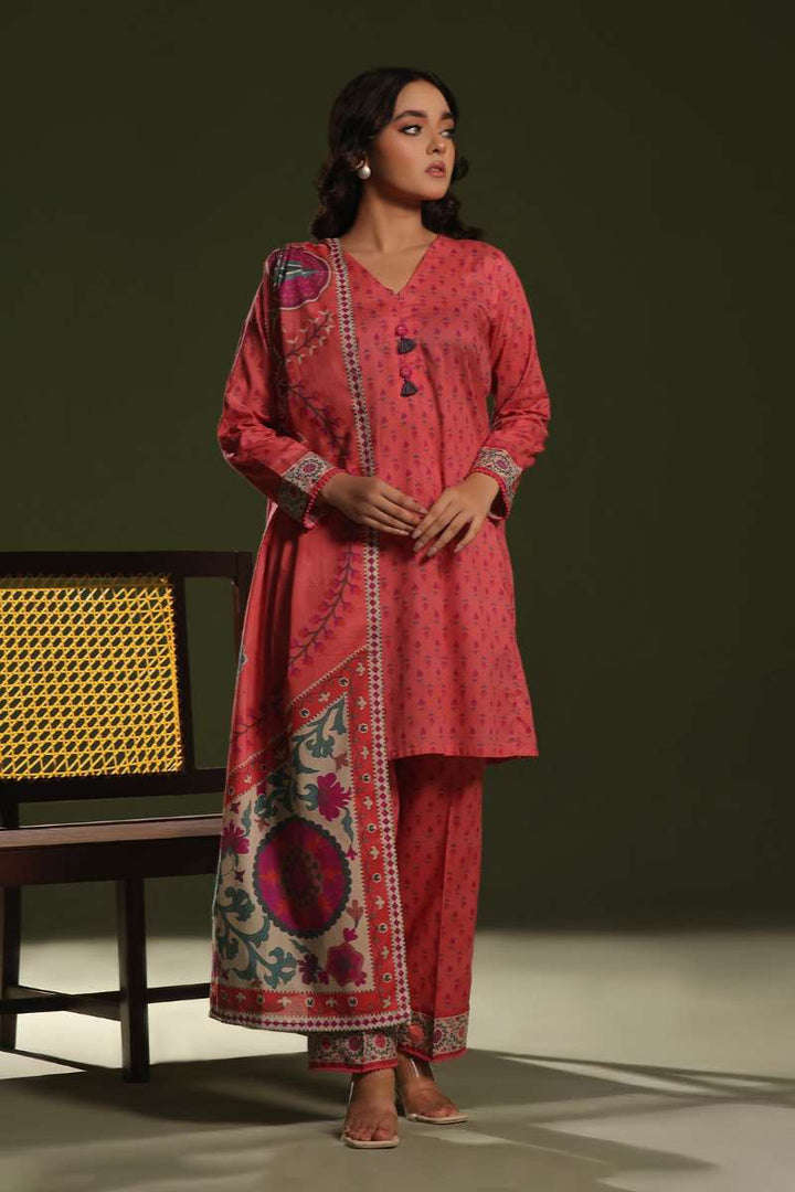 Oaks - Printed Pret Suit Cambric Peach  - 3 Piece