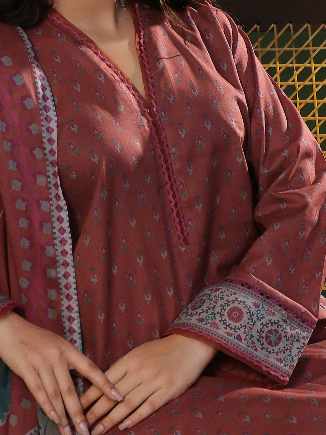 Oaks - Printed Pret Suit Cambric Brown  - 3 Piece