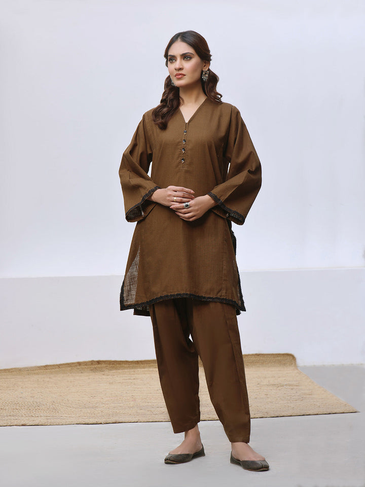 Oaks - Solid Pret Shirt Trouser Khaddar Brown  - 2 Piece