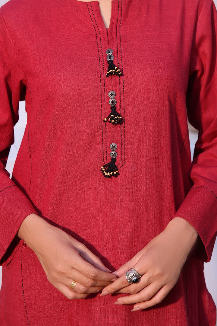 Oaks - 2 Piece Solid Pret Shirt Trouser Khaddar Red - OW2P-2408008