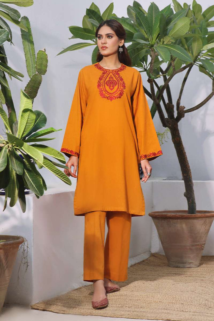 Oaks - Embroidered Pret Shirt Trouser Khaddar Mustard  - 2 Piece