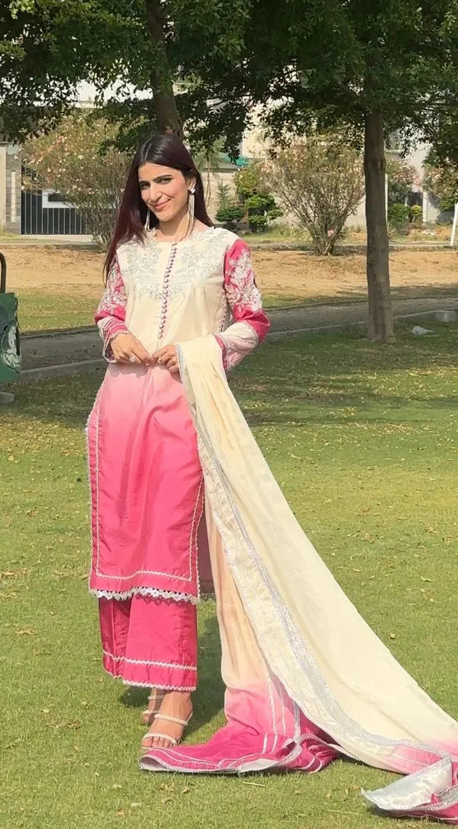 Yashfa Studio - Akks Tasel Silk Suit For Women - Rose Pink - 3 Piece