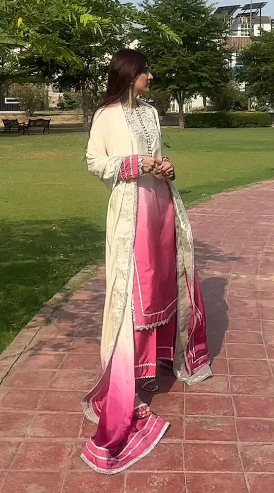 Yashfa Studio - Akks Tasel Silk Suit For Women - Rose Pink - 3 Piece