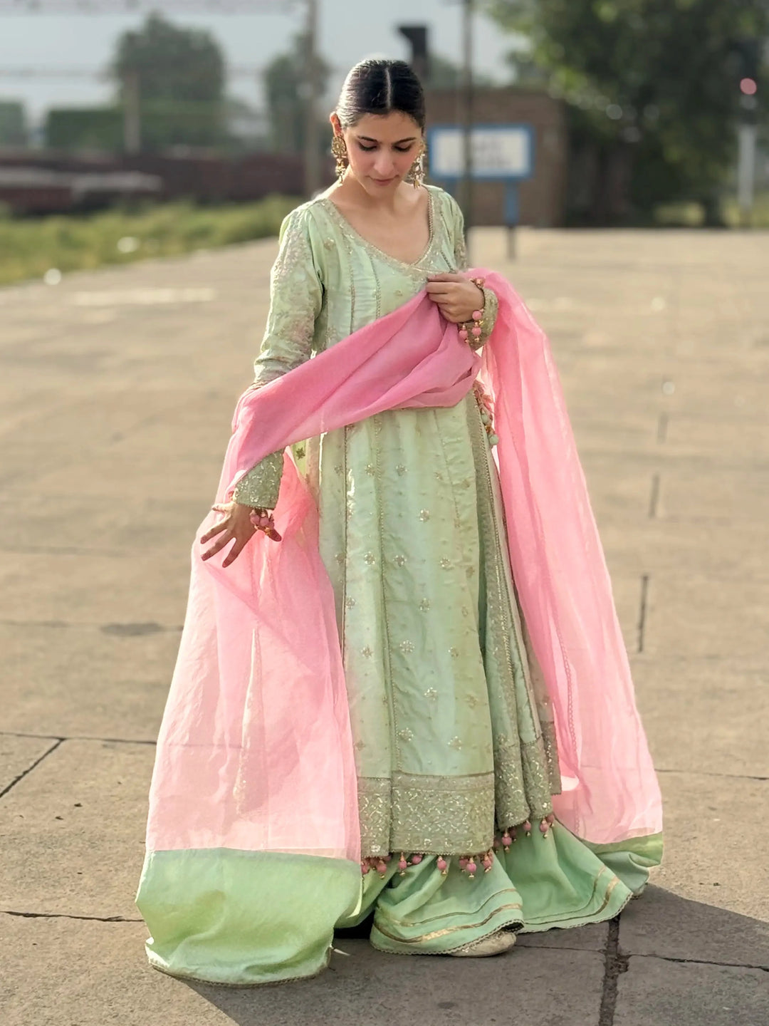 Yashfa Studio - Bano Rani Tasel Silk Sharara For Women - Lime Pista - 3 Piece