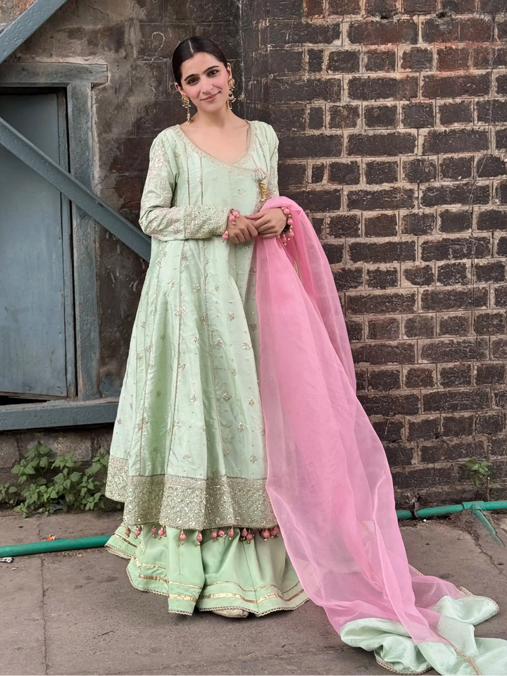 Yashfa Studio - Bano Rani Tasel Silk Sharara For Women - Lime Pista - 3 Piece