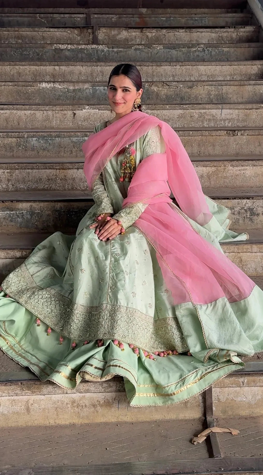 Yashfa Studio - Bano Rani Tasel Silk Sharara For Women - Lime Pista - 3 Piece
