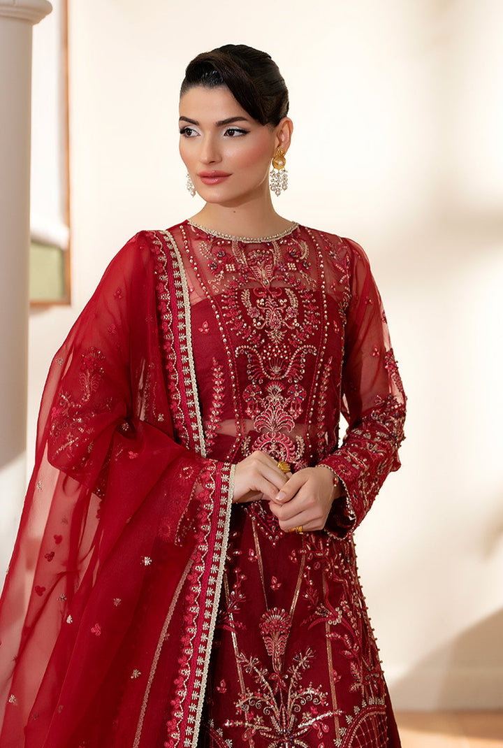 Yashfa Studio - Banuksha Organza Suit For Women - Deep Red - 3 Piece