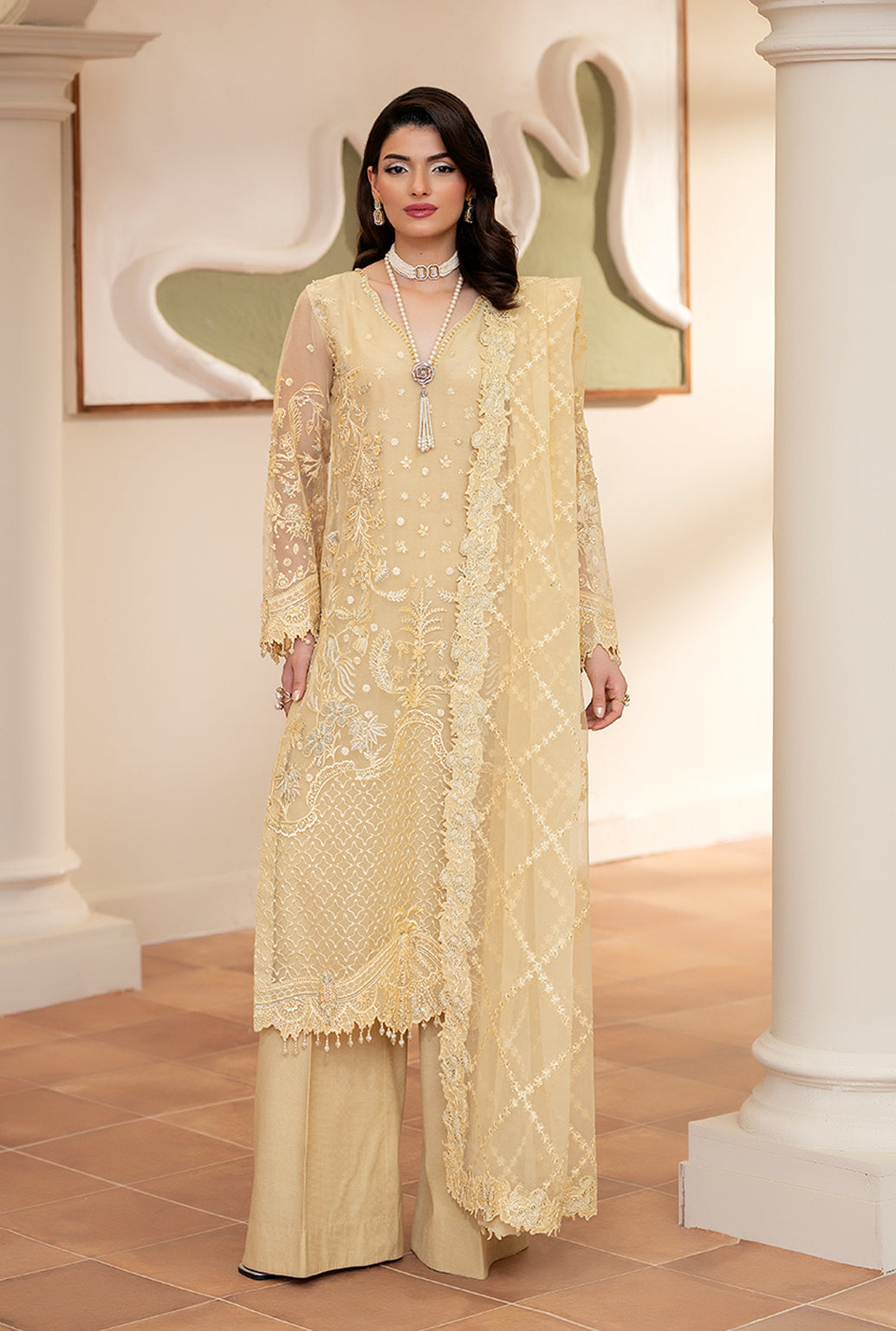 Yashfa Studio - Gul Bahar Organza Suit For Women - Butter Yellow - 3 Piece