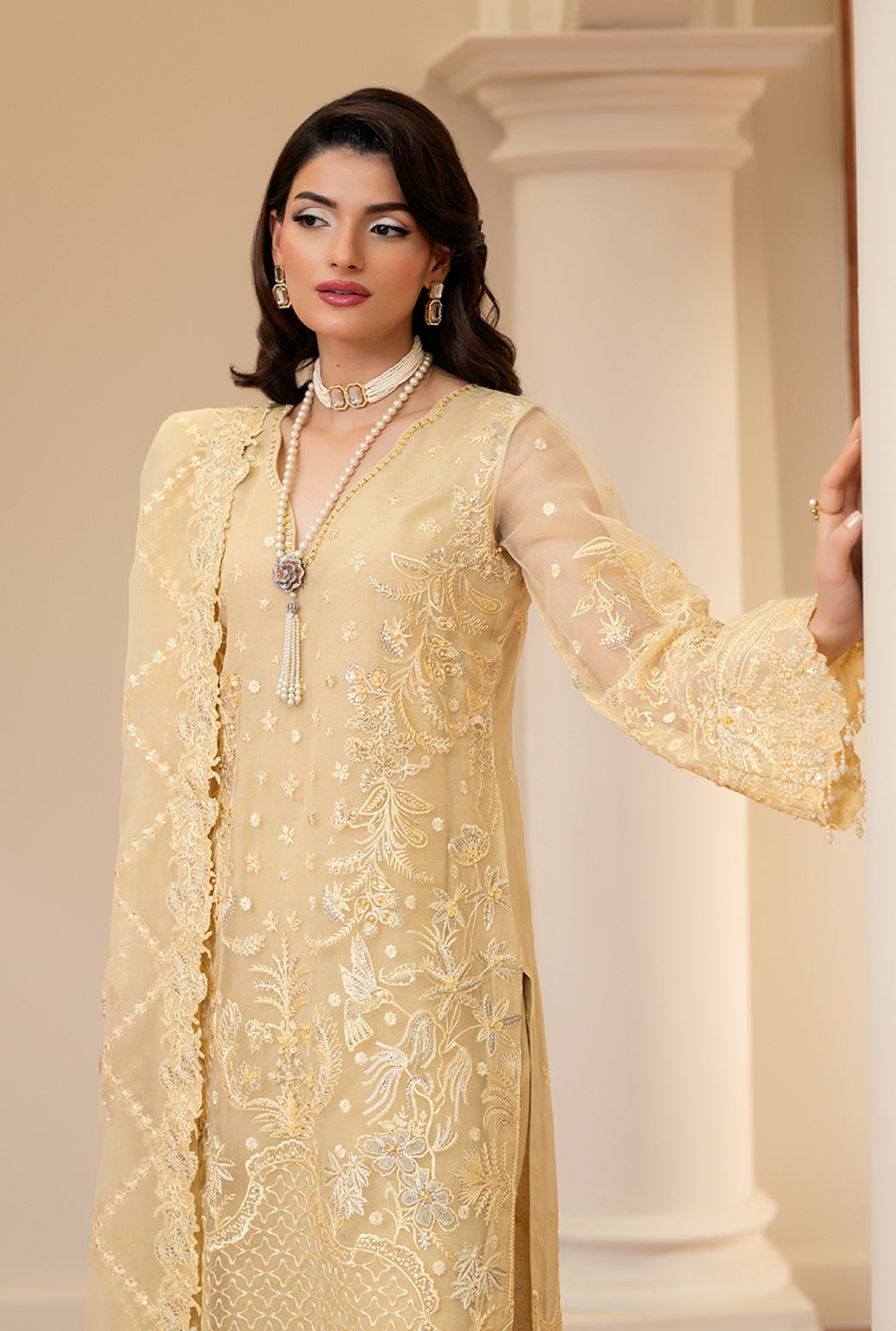 Yashfa Studio - Gul Bahar Organza Suit For Women - Butter Yellow - 3 Piece