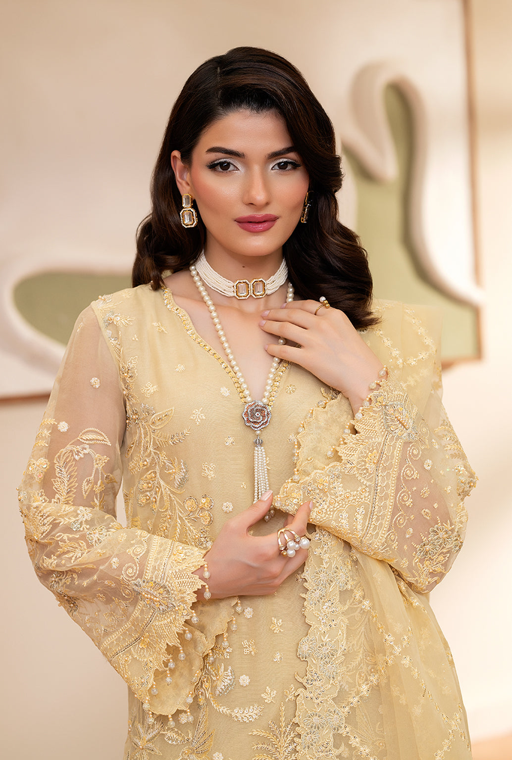 Yashfa Studio - Gul Bahar Organza Suit For Women - Butter Yellow - 3 Piece