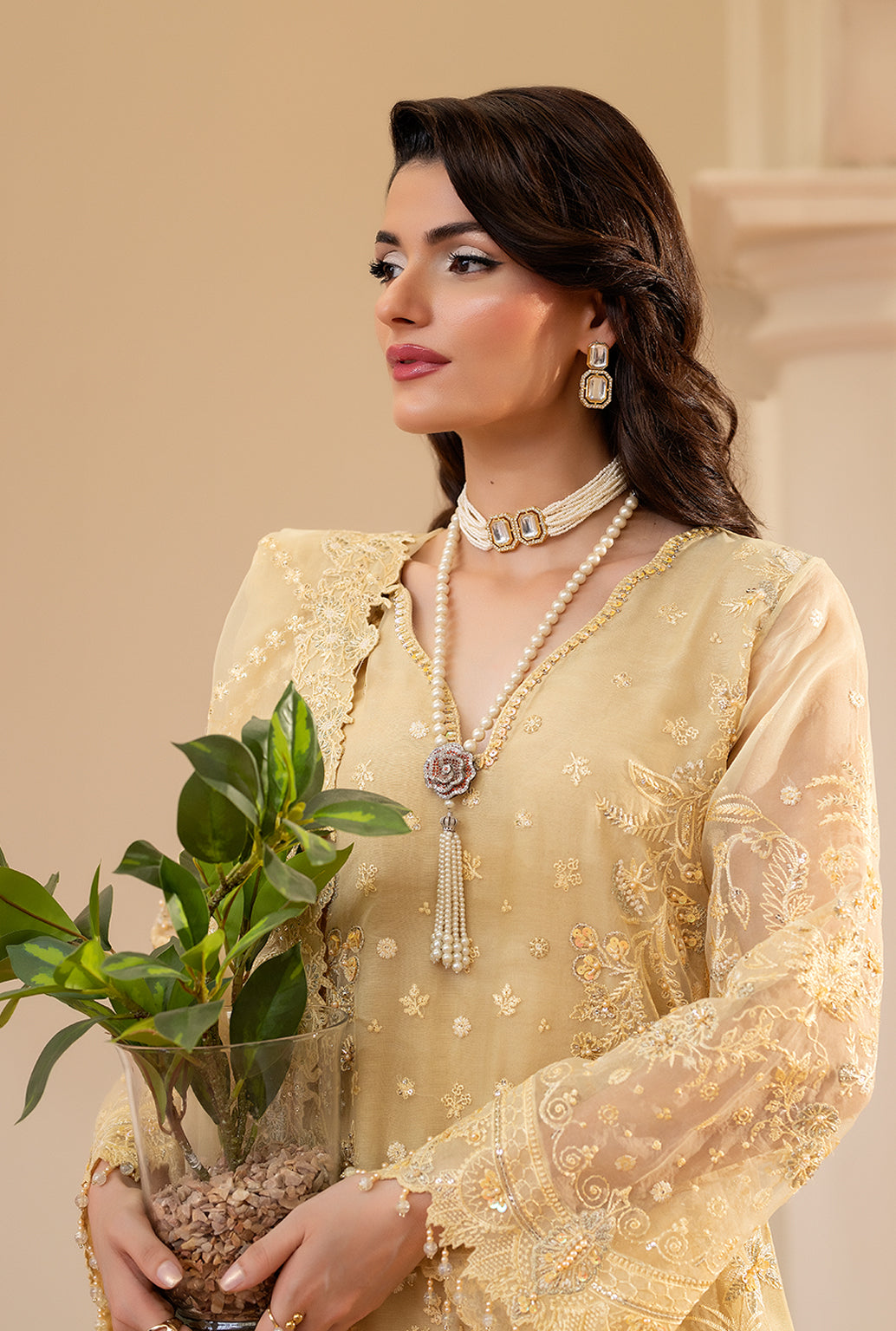Yashfa Studio - Gul Bahar Organza Suit For Women - Butter Yellow - 3 Piece