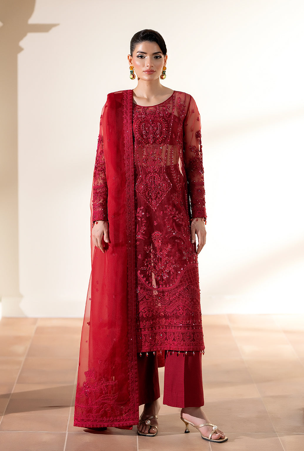 Yashfa Studio - Gul Bano Organza Suit For Women - Dark Pink - 3 Piece