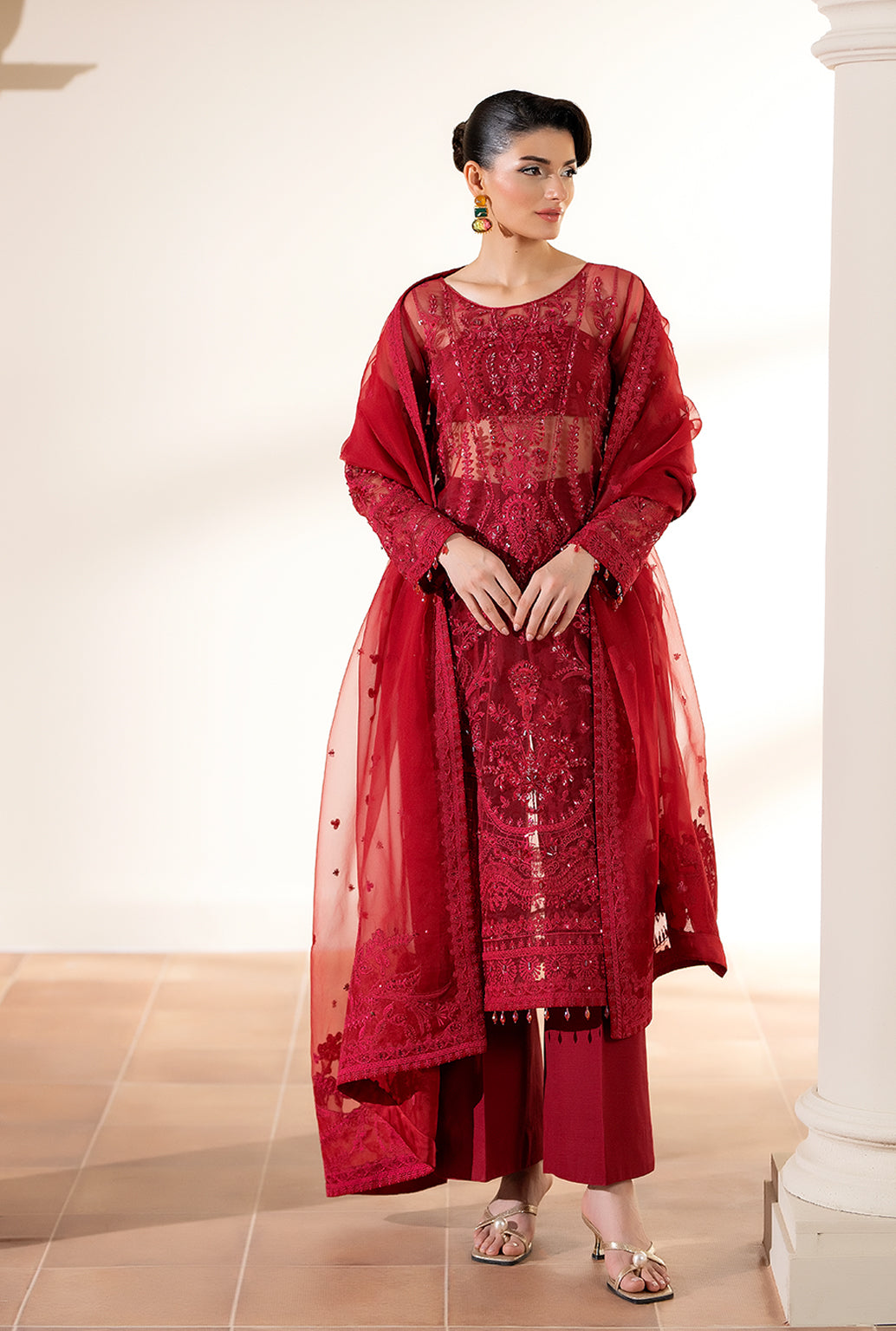 Yashfa Studio - Gul Bano Organza Suit For Women - Dark Pink - 3 Piece