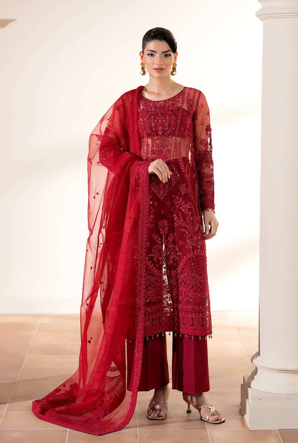Yashfa Studio - Gul Bano Organza Suit For Women - Dark Pink - 3 Piece