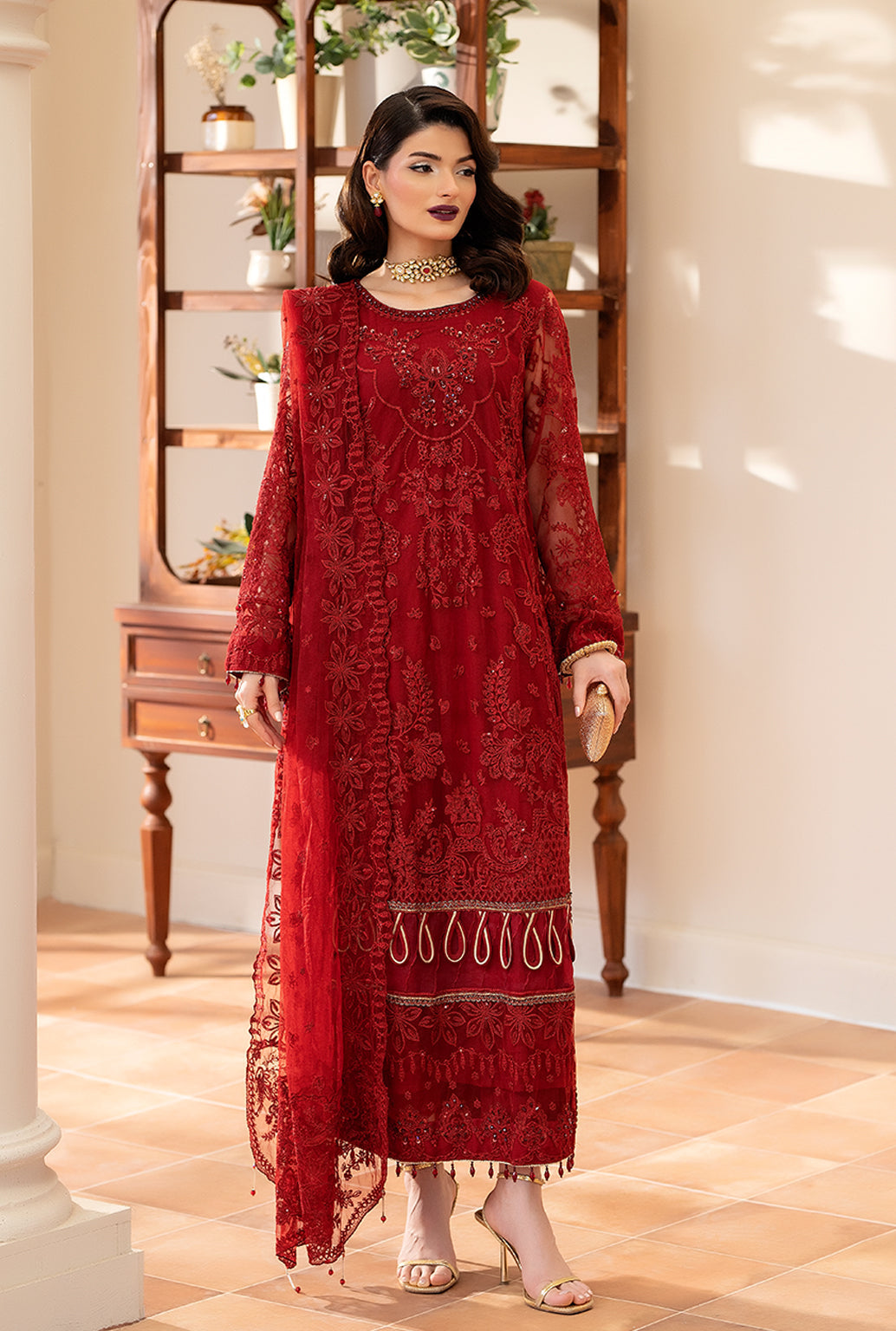 Yashfa Studio - Gulru Soft Net Suit For Women - Maroon - 3 Piece
