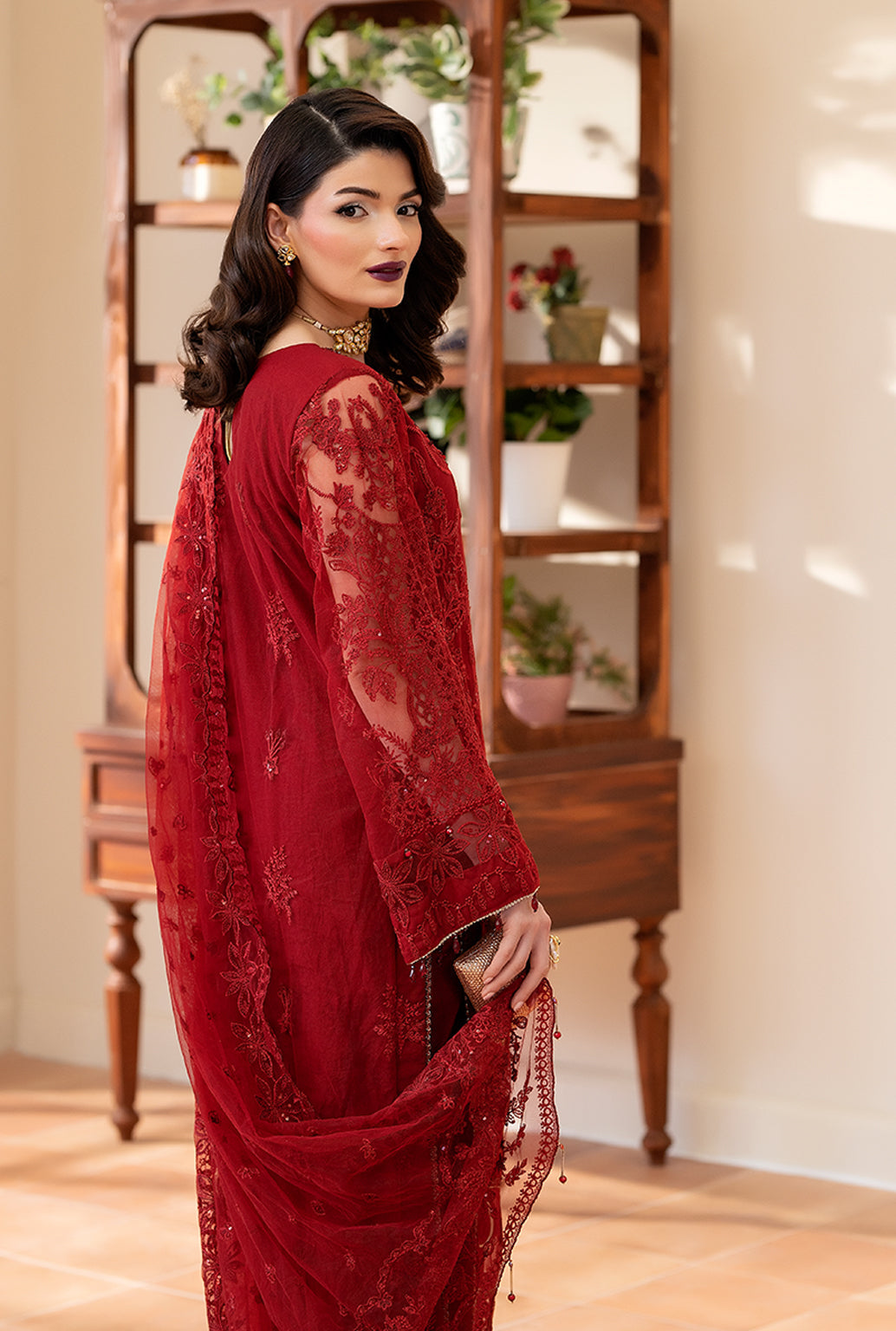 Yashfa Studio - Gulru Soft Net Suit For Women - Maroon - 3 Piece