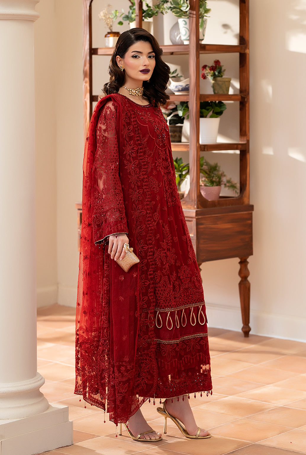Yashfa Studio - Gulru Soft Net Suit For Women - Maroon - 3 Piece