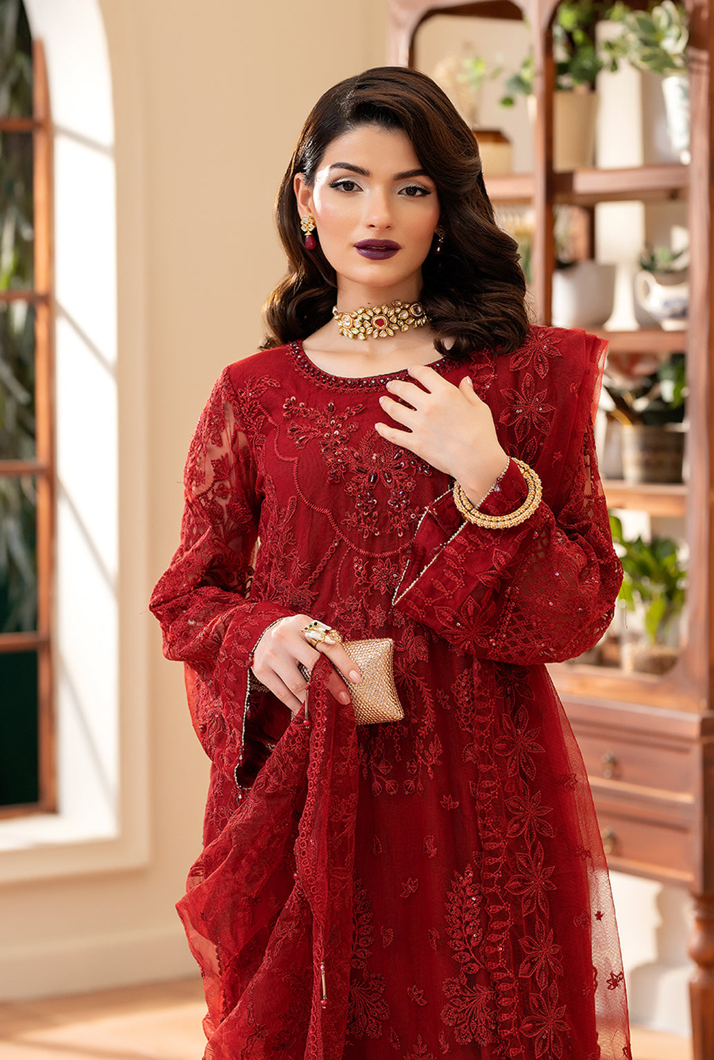 Yashfa Studio - Gulru Soft Net Suit For Women - Maroon - 3 Piece