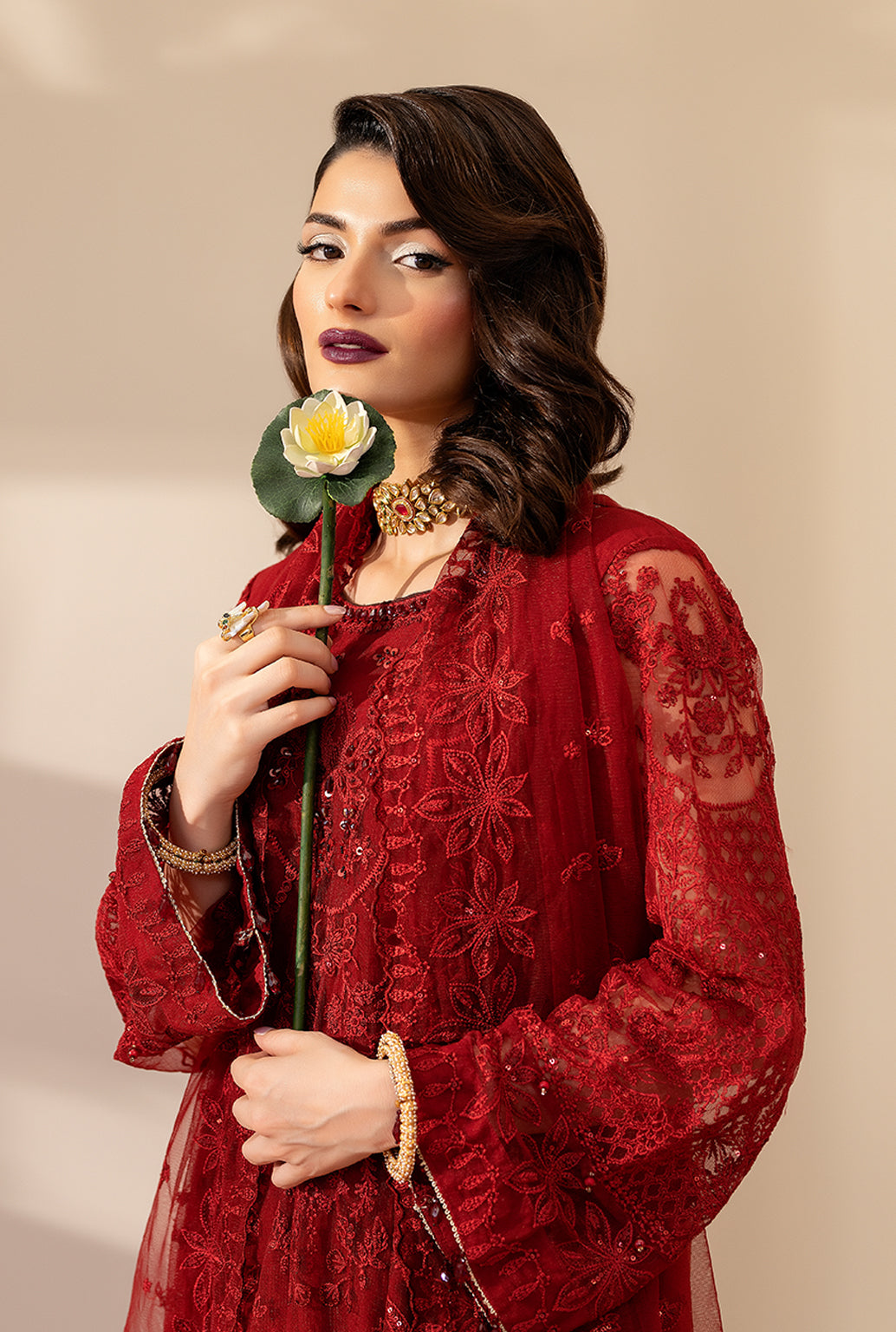 Yashfa Studio - Gulru Soft Net Suit For Women - Maroon - 3 Piece