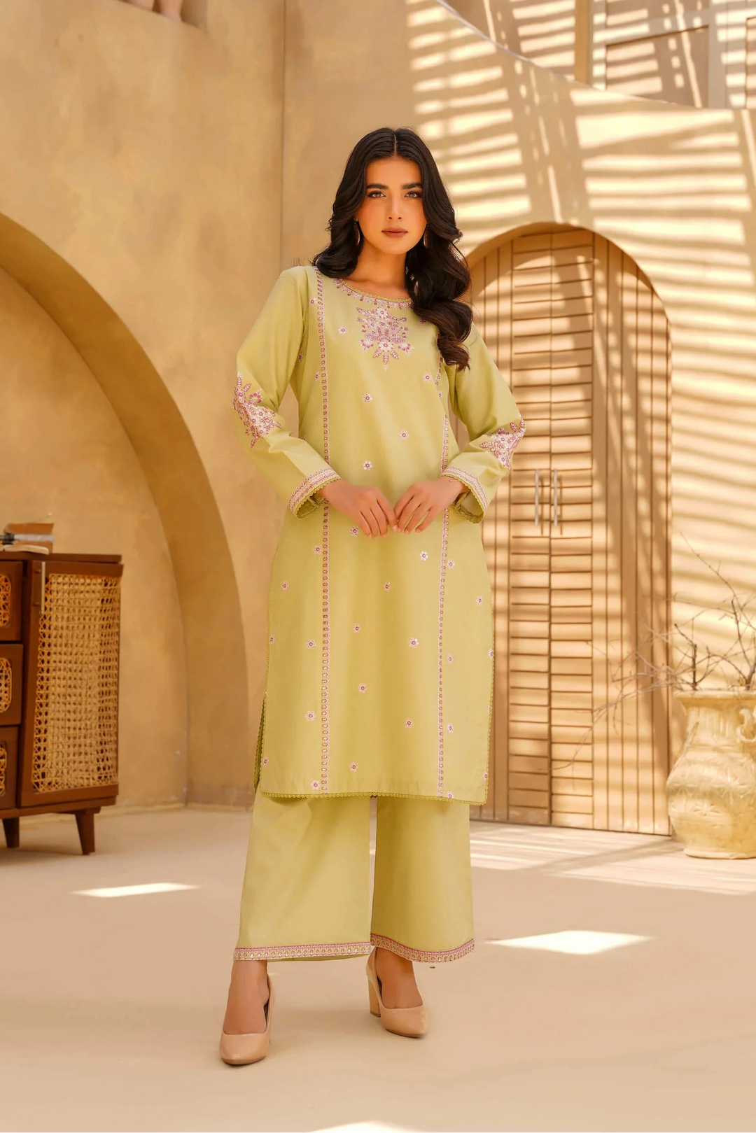 Yashfa Studio - Lime Elan Brazilian Lawn Suit For Women - Lime Pista - 2 Piece