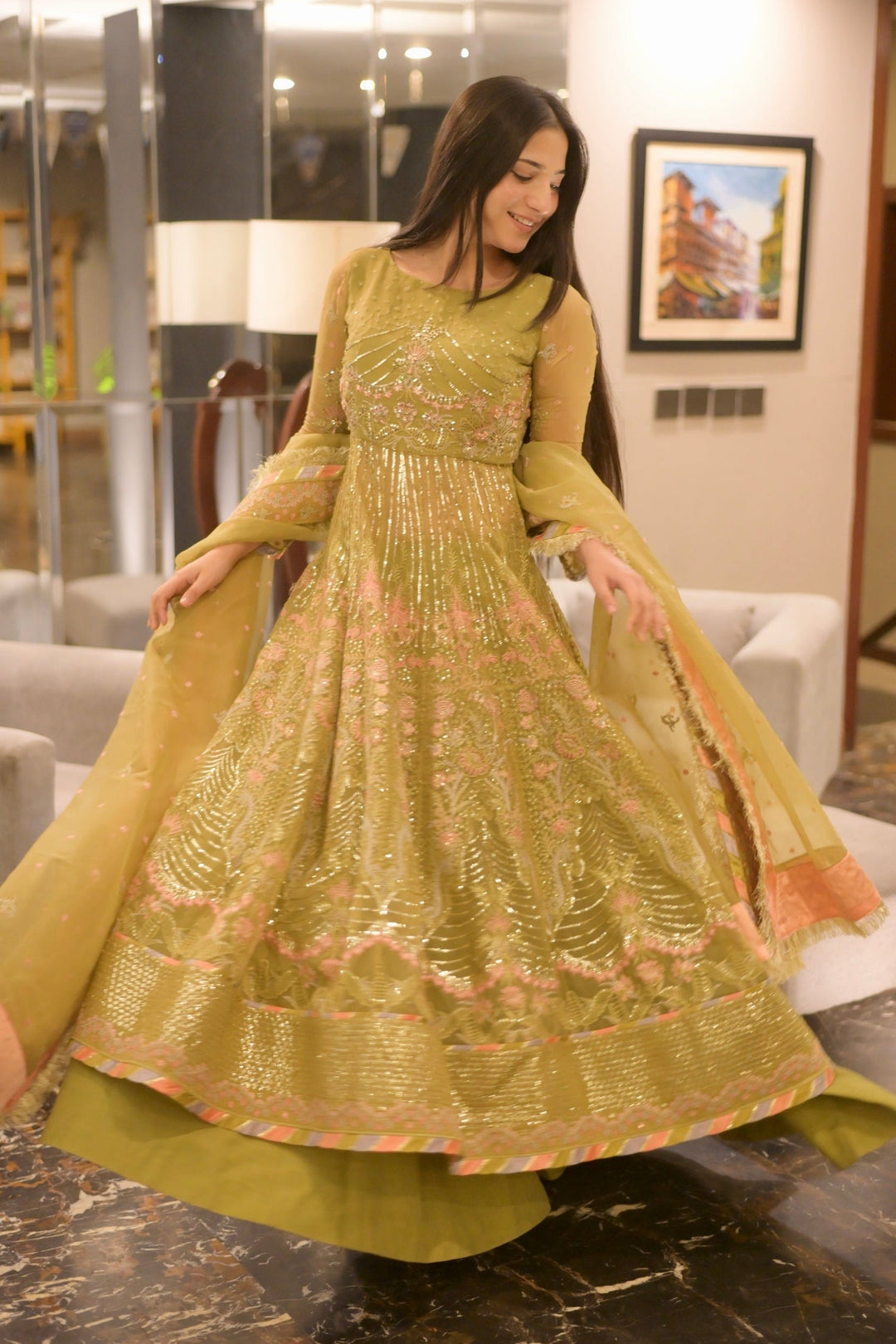 Yashfa Studio - Luxury Organza Maxi For Women - Olive Green - 2 Piece