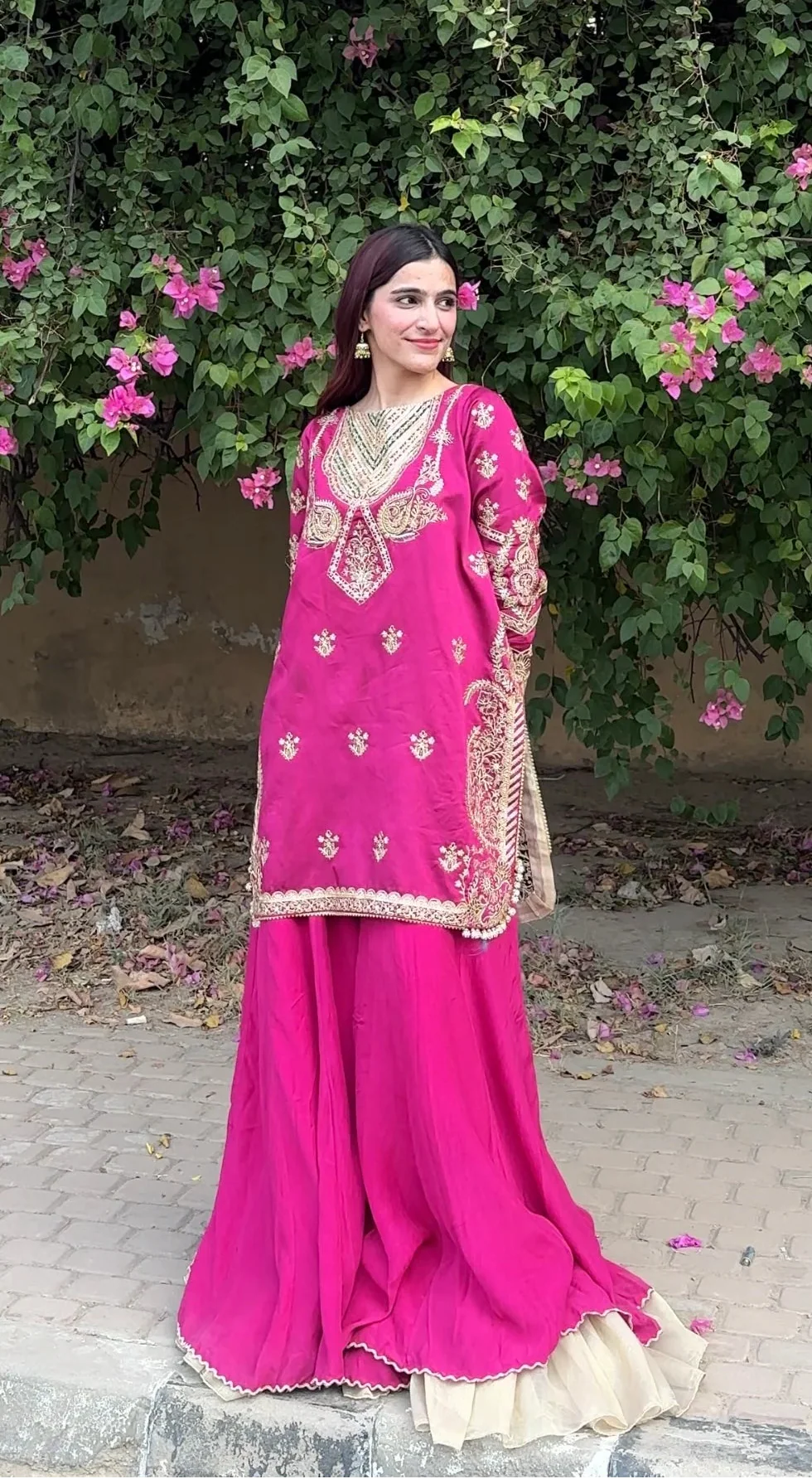 Yashfa Studio - Mah Gul Tasel Silk Sharara For Women - Vibrant Magenta - 3 Piece