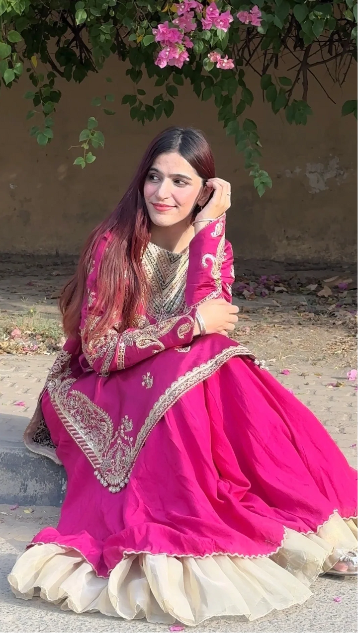 Yashfa Studio - Mah Gul Tasel Silk Sharara For Women - Vibrant Magenta - 3 Piece
