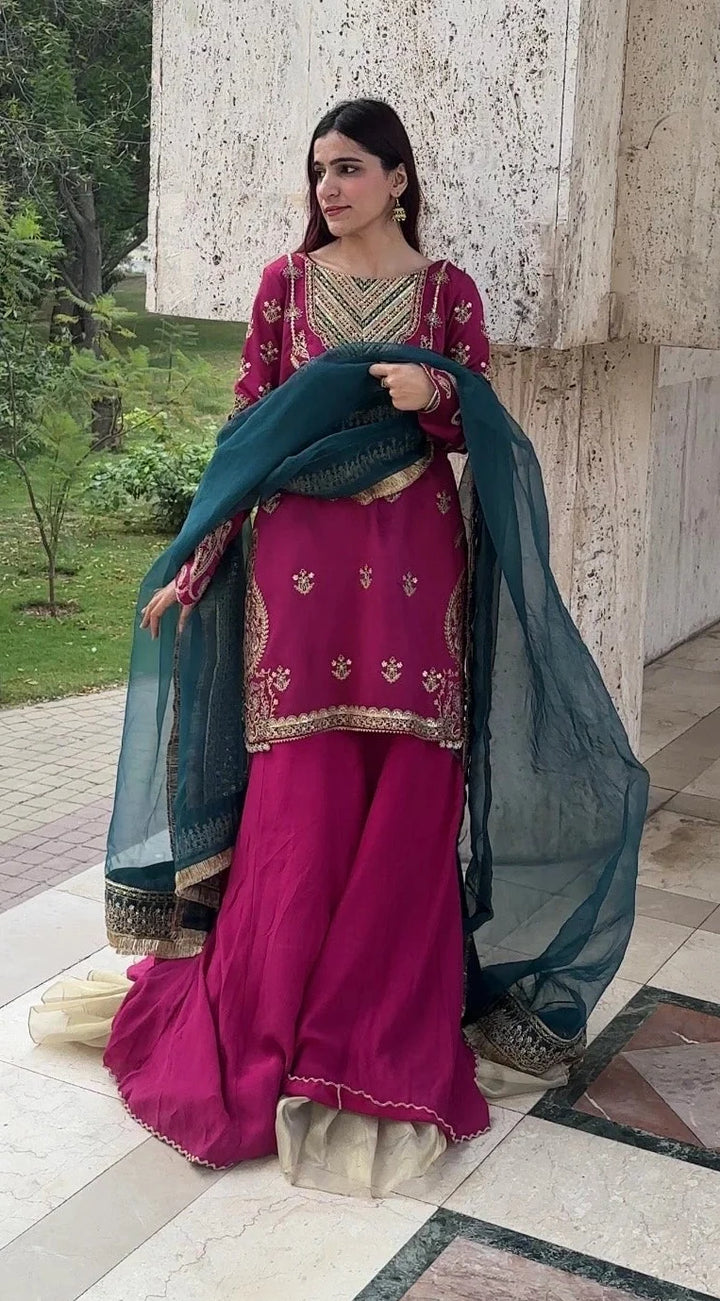 Yashfa Studio - Mah Gul Tasel Silk Sharara For Women - Vibrant Magenta - 3 Piece