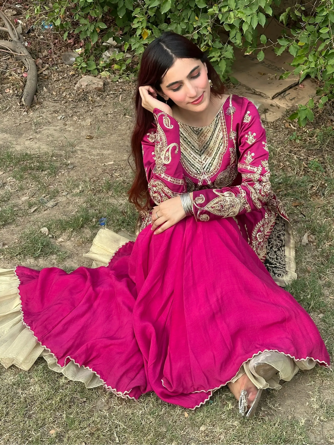 Yashfa Studio - Mah Gul Tasel Silk Sharara For Women - Vibrant Magenta - 3 Piece