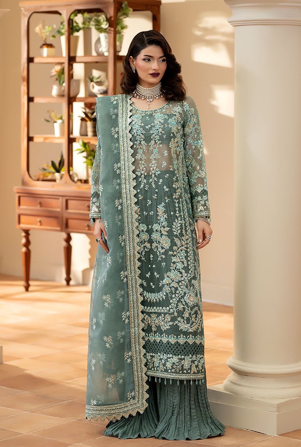 Yashfa Studio - Mahe Noor Organza Suit For Women - Lime Pista - 3 Piece