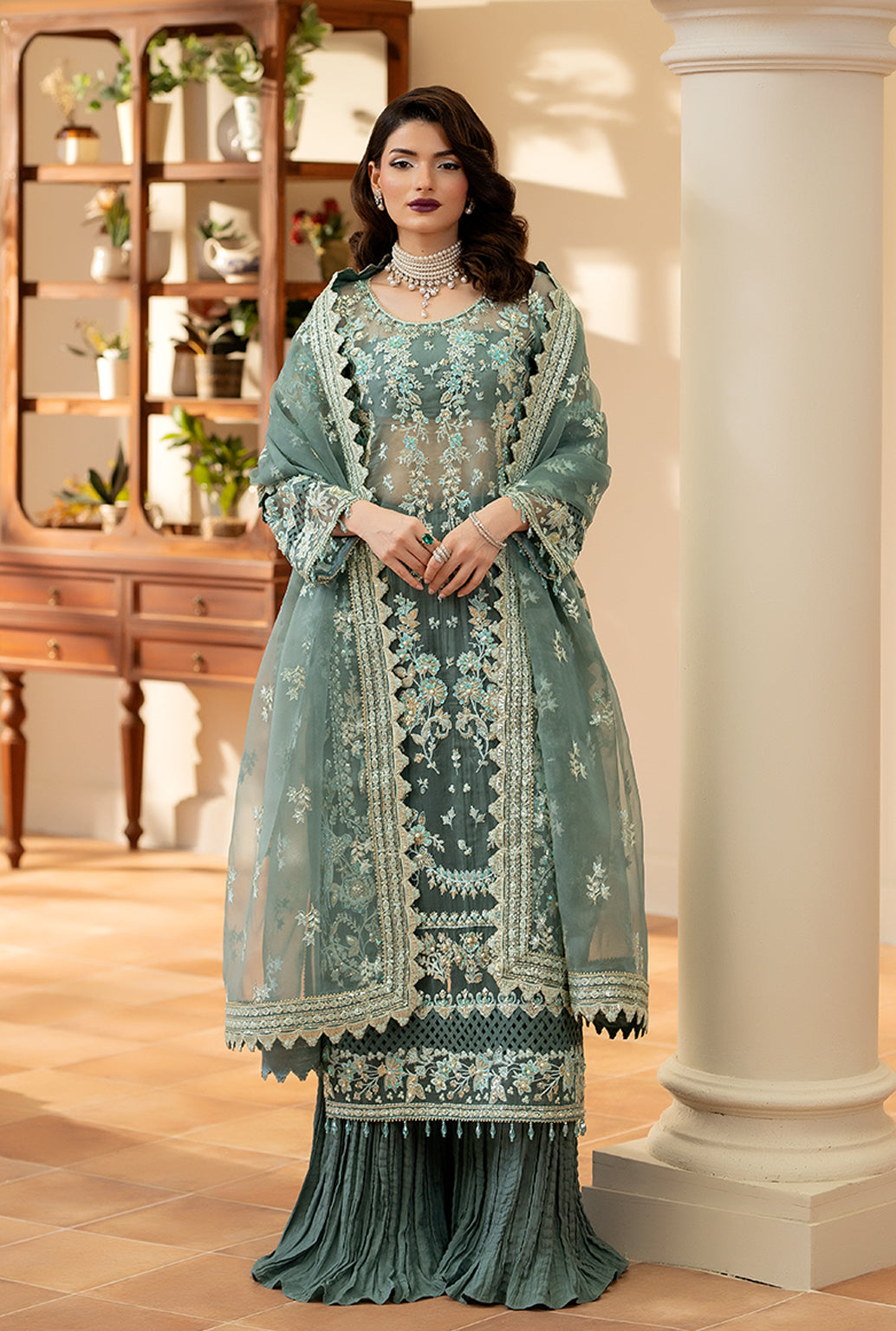 Yashfa Studio - Mahe Noor Organza Suit For Women - Lime Pista - 3 Piece
