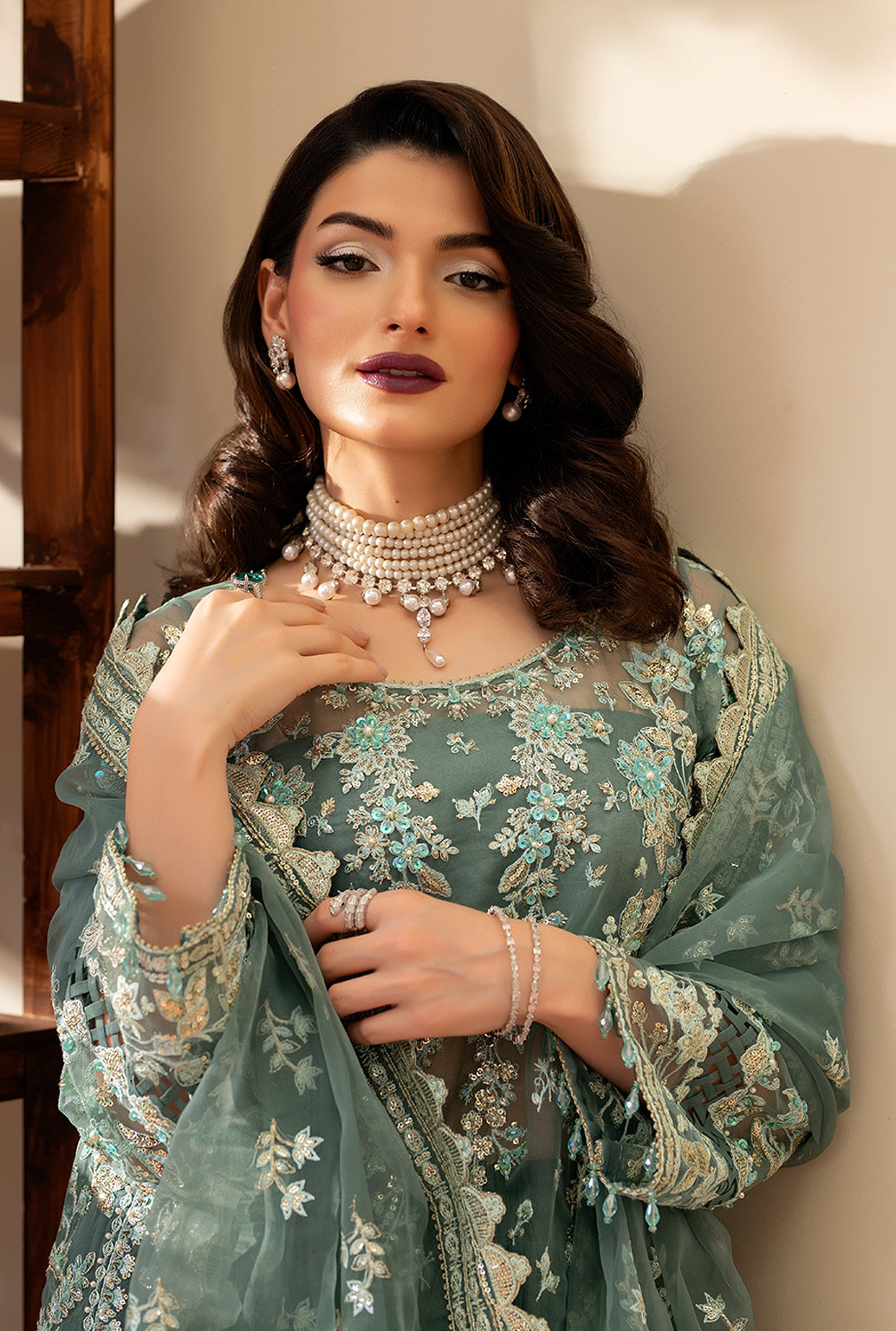 Yashfa Studio - Mahe Noor Organza Suit For Women - Lime Pista - 3 Piece