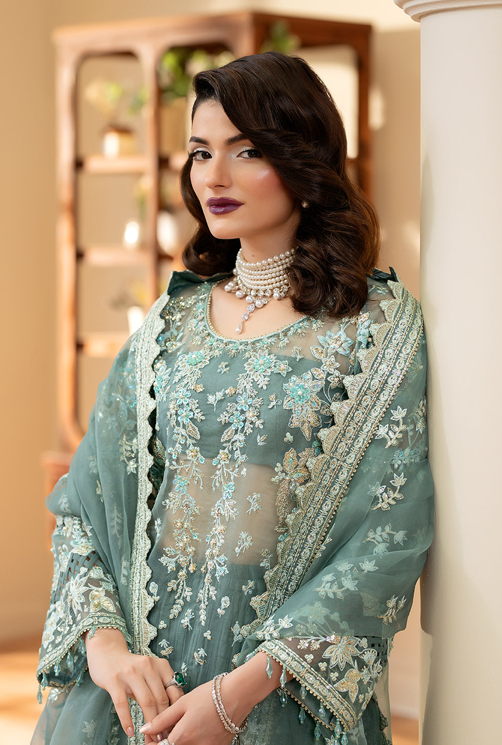 Yashfa Studio - Mahe Noor Organza Suit For Women - Lime Pista - 3 Piece