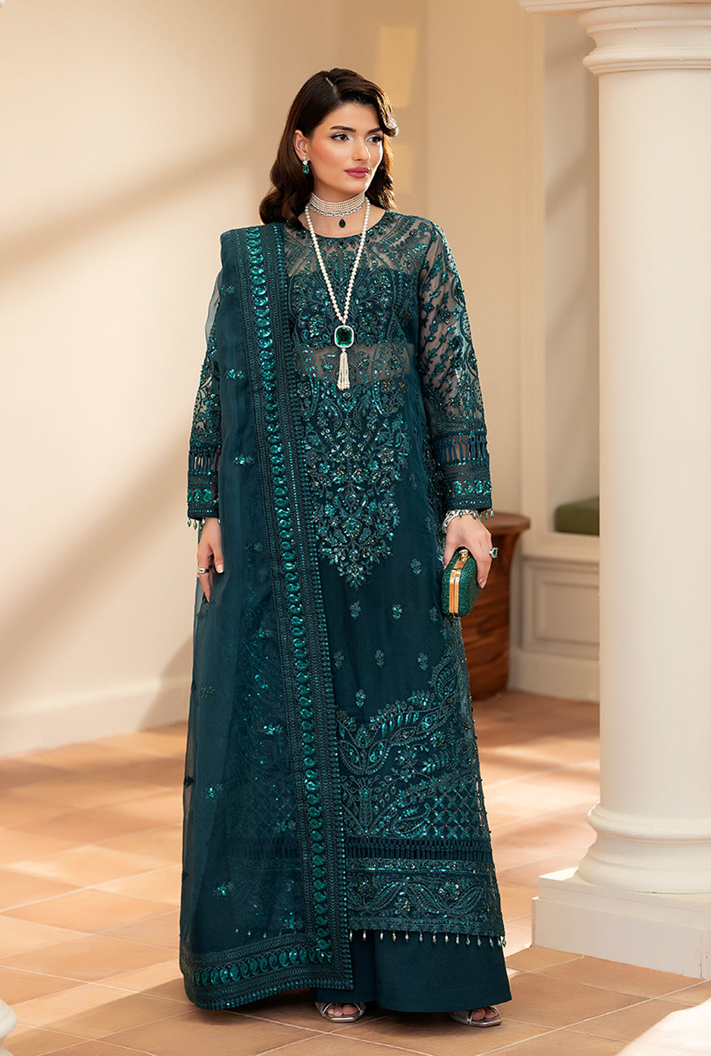 Yashfa Studio - Mahjabeen Organza Suit For Women - Teal - 3 Piece