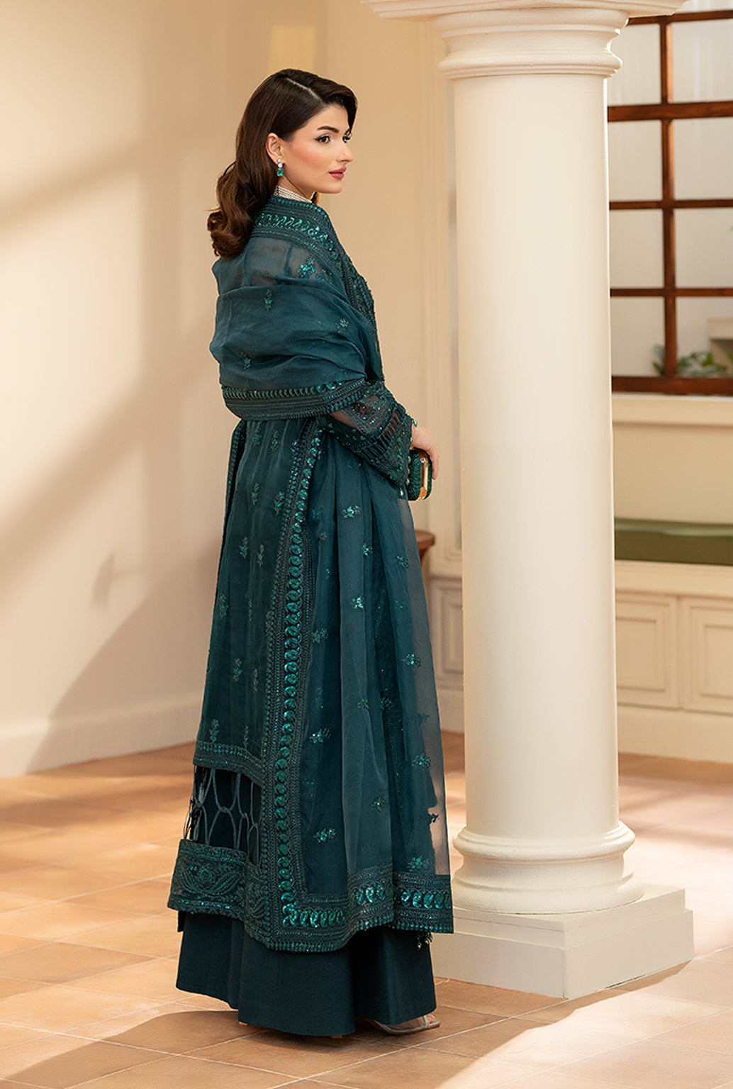 Yashfa Studio - Mahjabeen Organza Suit For Women - Teal - 3 Piece